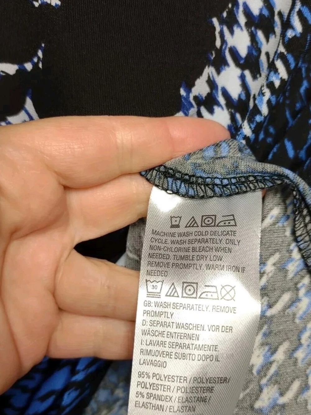 Bob Mackie Blue and Black Floral-Accent Houndstooth Long Sleeve Top - Picture 4 of 7